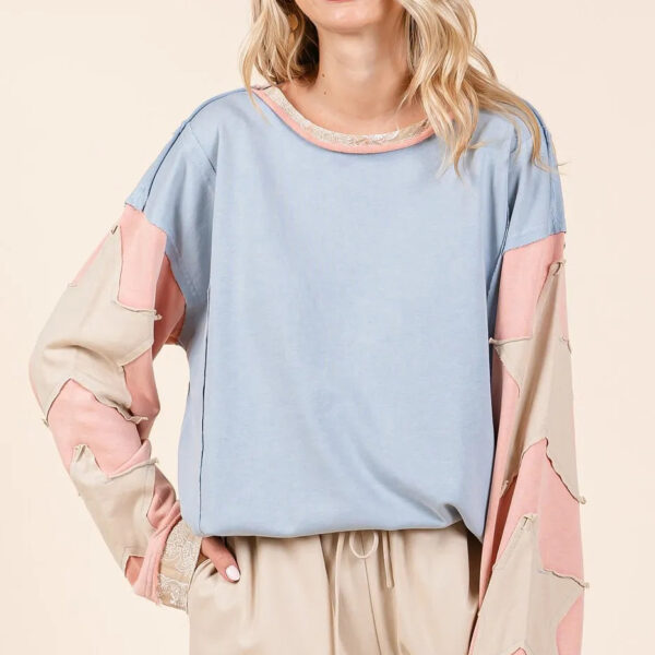 Star Patch Long Sleeve Colorblock Mineral Wash Top