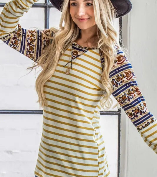 And The Why Stripe Ethnic Print Raglan Top