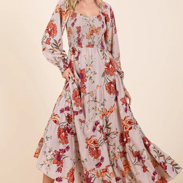 Flower Print Smocked Diagonal Tiered Maxi Dress