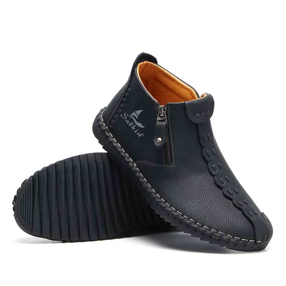 Men's Hand Sewing Side Zippered Soft Comfy Slip On Ankle Boots - onlinemegasale.com