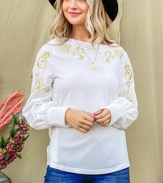 And The Why Flower Gold Embroidery Shoulder Detailed Top