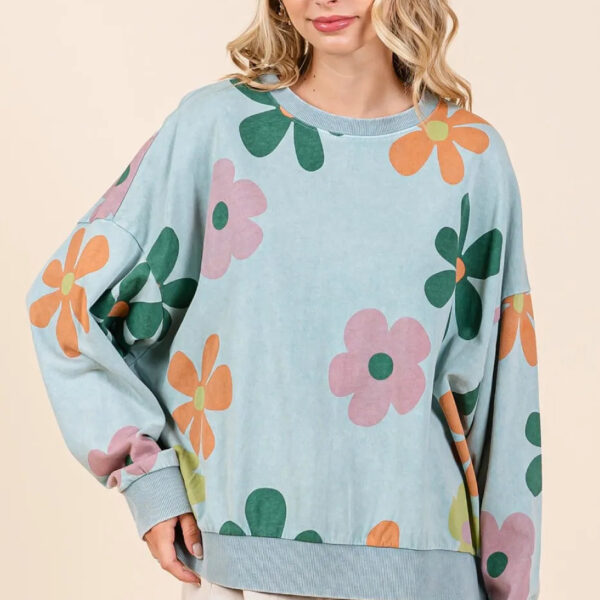 Mineral Wash Flower Print French Terry Sweatshirt