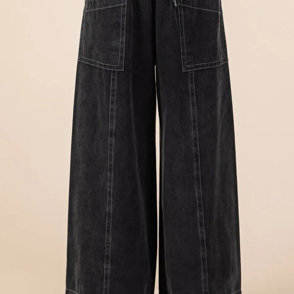 Mineral Wash Wide Leg Elastic Waist Twill Pants