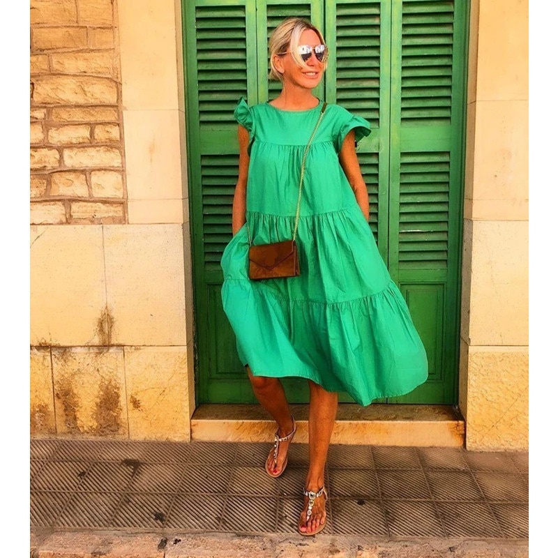 Summer Vintage Style Women's Loose Round Neck Short Sleeve Dresses - onlinemegasale.com