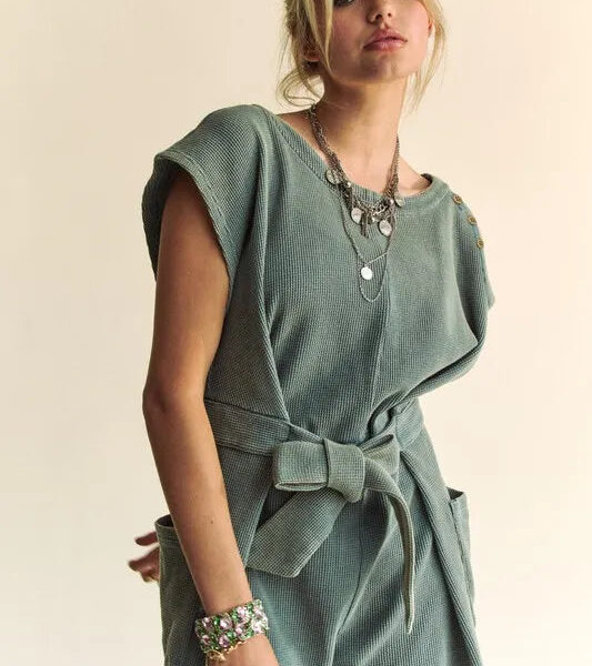 Acid-Washed Waffle Knit Cuffed Sleeves Romper