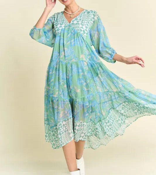 Geo and Floral Print Mixed Tiered Dress