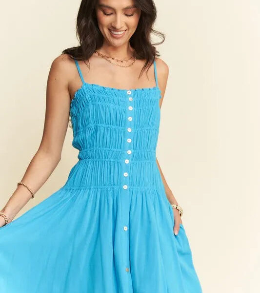 Smocking Bodice Sleeveless Button Down Mini Dress
