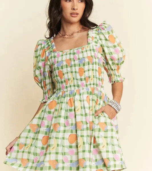 Fruits Printed Smocking Mini Dress