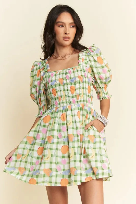 eaaf81db28dc4e4cbfed93c281ee057c-Max-Origin Fruits Printed Smocking Mini Dress - onlinemegasale.com