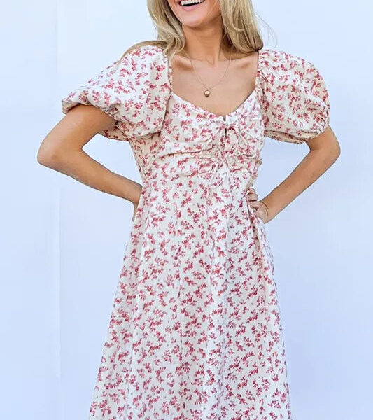 Lace Up Front Puff Babydoll Dress