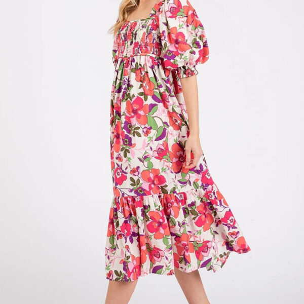 Flower Print Puff Sleeve Ruffle Smocked Midi Dress