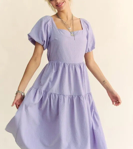 Textured Fabric Short Puff Sleeve Midi Dress