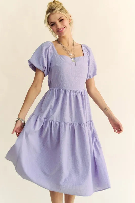 f30c0085c4de4903ab40e38013509aa9-Max-Origin Textured Fabric Short Puff Sleeve Midi Dress - onlinemegasale.com
