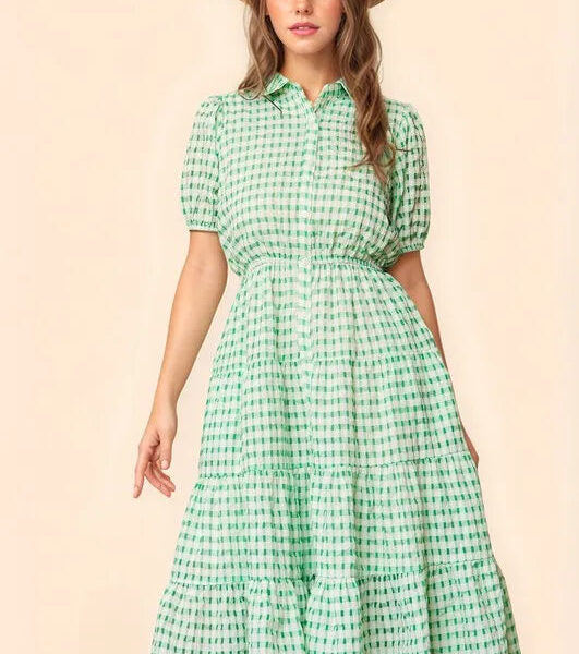 Checkered Puff Sleeve Tiered Shirt Dress