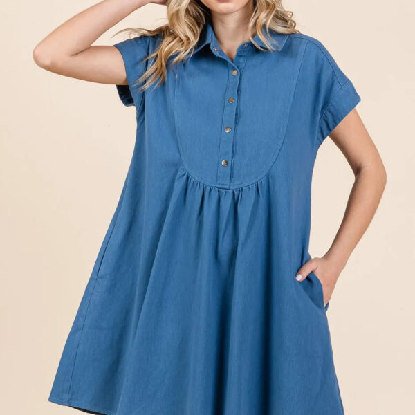 Twill Short Sleeve Collared Mini Dress