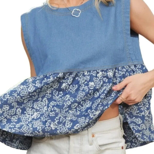 Sleeveless Denim Contrast Top