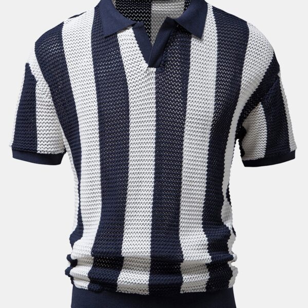 V Neck Striped Knit Polo Shirt