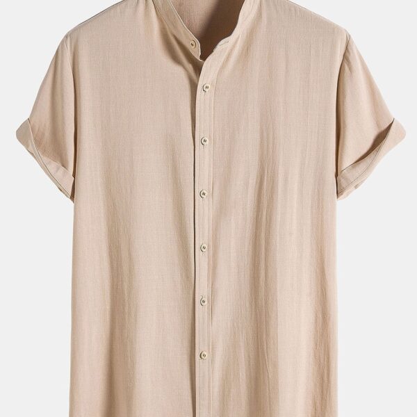 Linen Look Cotton Blend Stand Collar Shirt